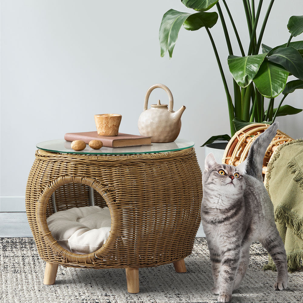 Wicker Side Table with Built-In Pet Bed – Homecoze