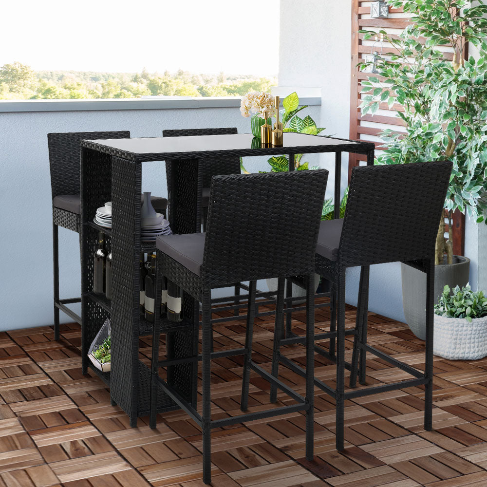 5PC Wicker Outdoor Bar Table Stool Set Black – Homecoze