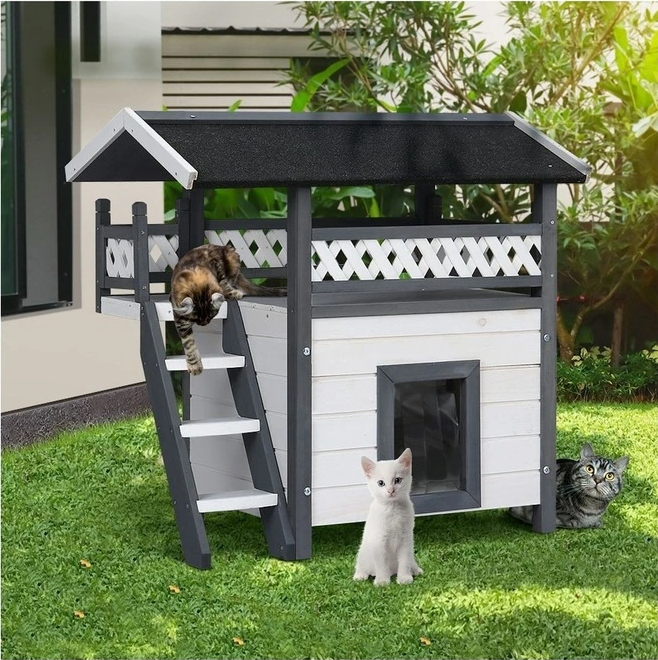 2-Level Cat Kennel Wooden Pet Cabin - Homecoze