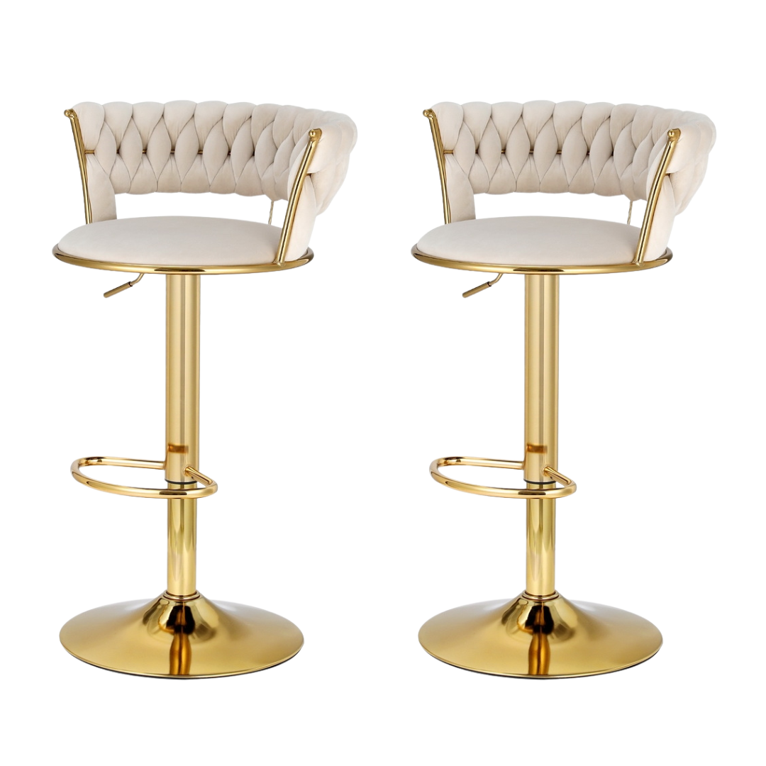 Elias (Set of 2) Woven Velvet Bar Stools - Ivory - Homecoze