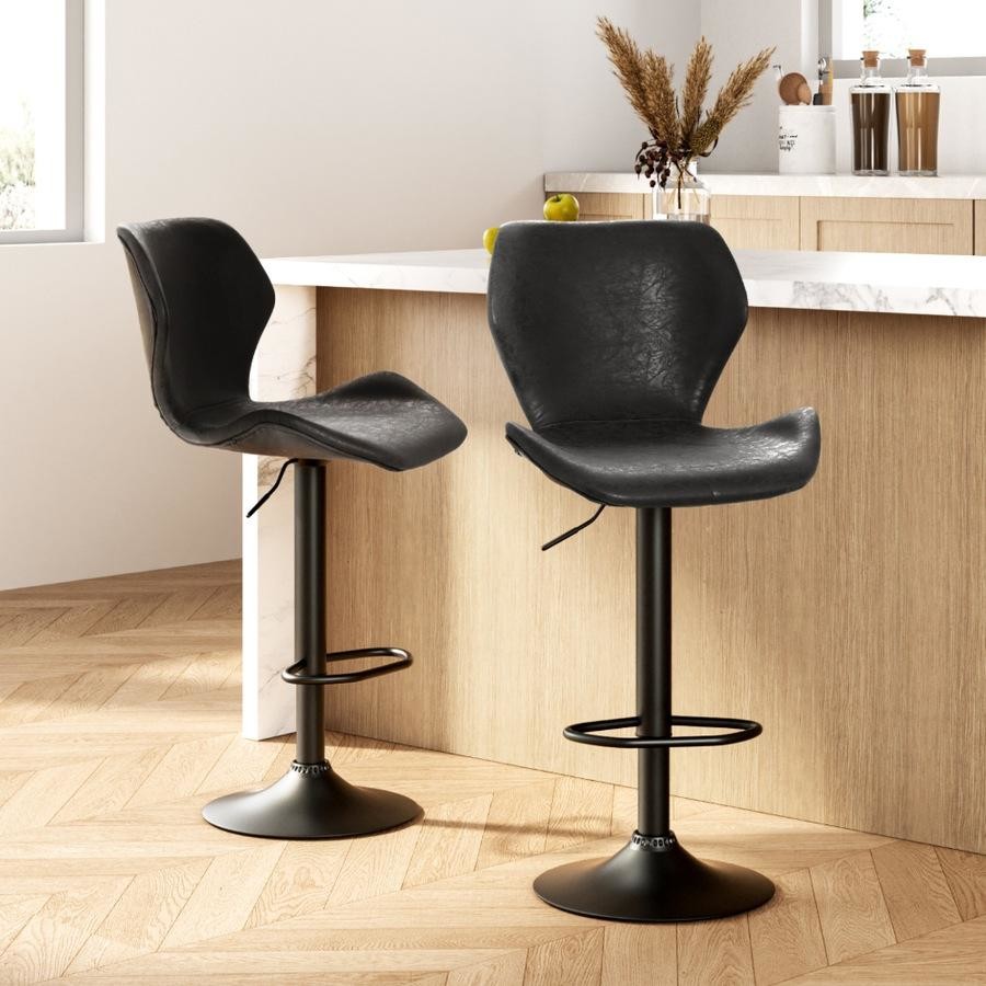 Willow (Set of 2) Vintage PU Leather Bar Stools - Black - Homecoze