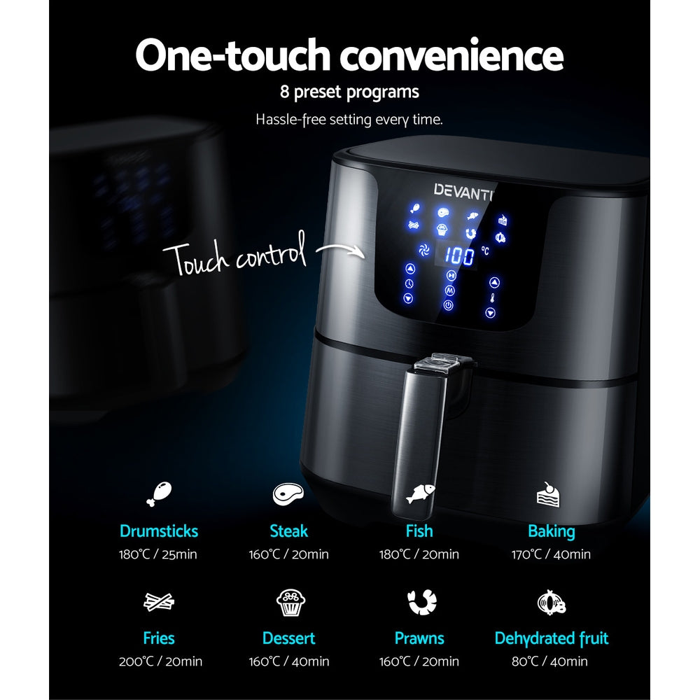 7L Black Stainless Steel LCD Touch Panel Oil Free Air Fryer 1700W - Homecoze