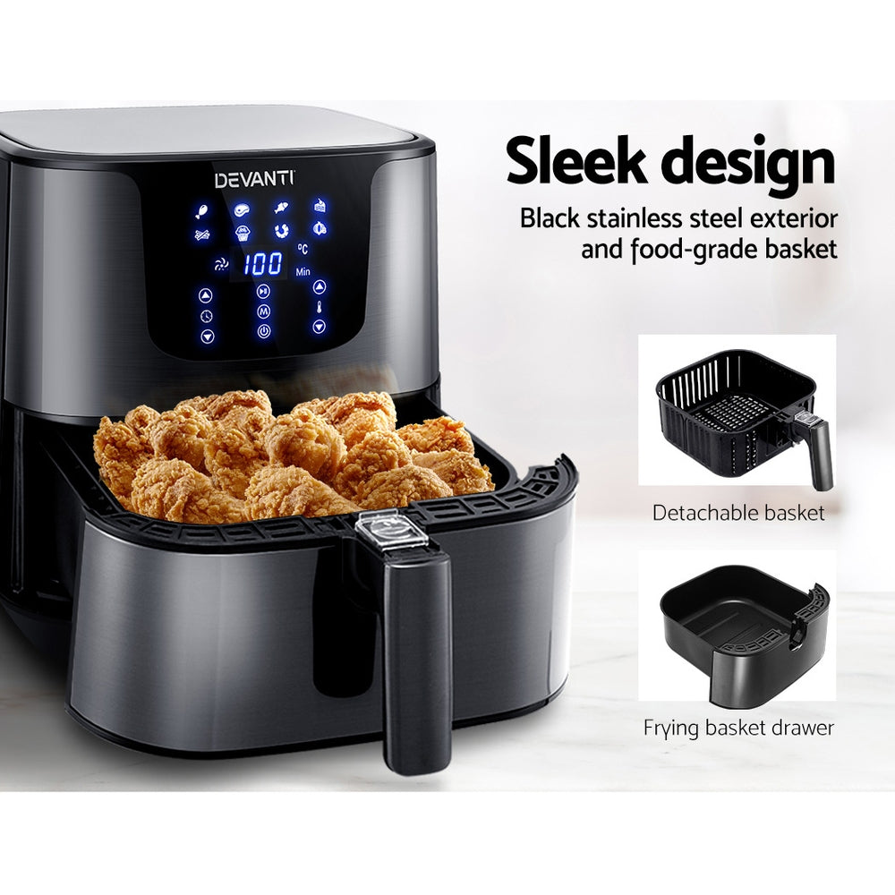 7L Black Stainless Steel LCD Touch Panel Oil Free Air Fryer 1700W - Homecoze
