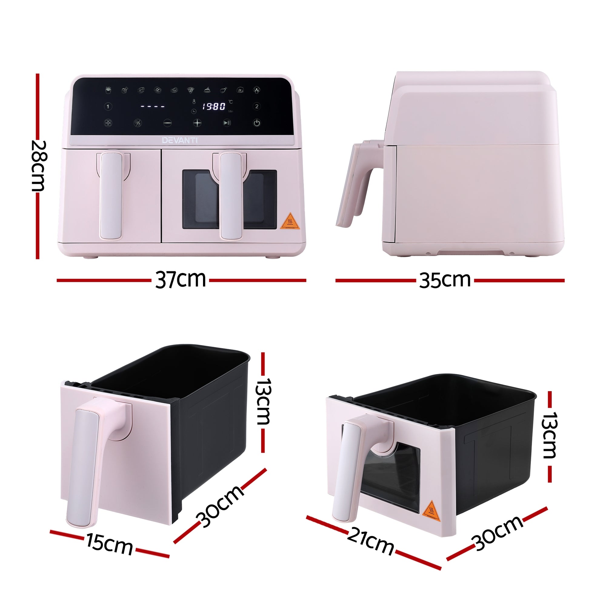 Devanti Air Fryer 9L Dual Zone Fryers 2600W Pink - Homecoze