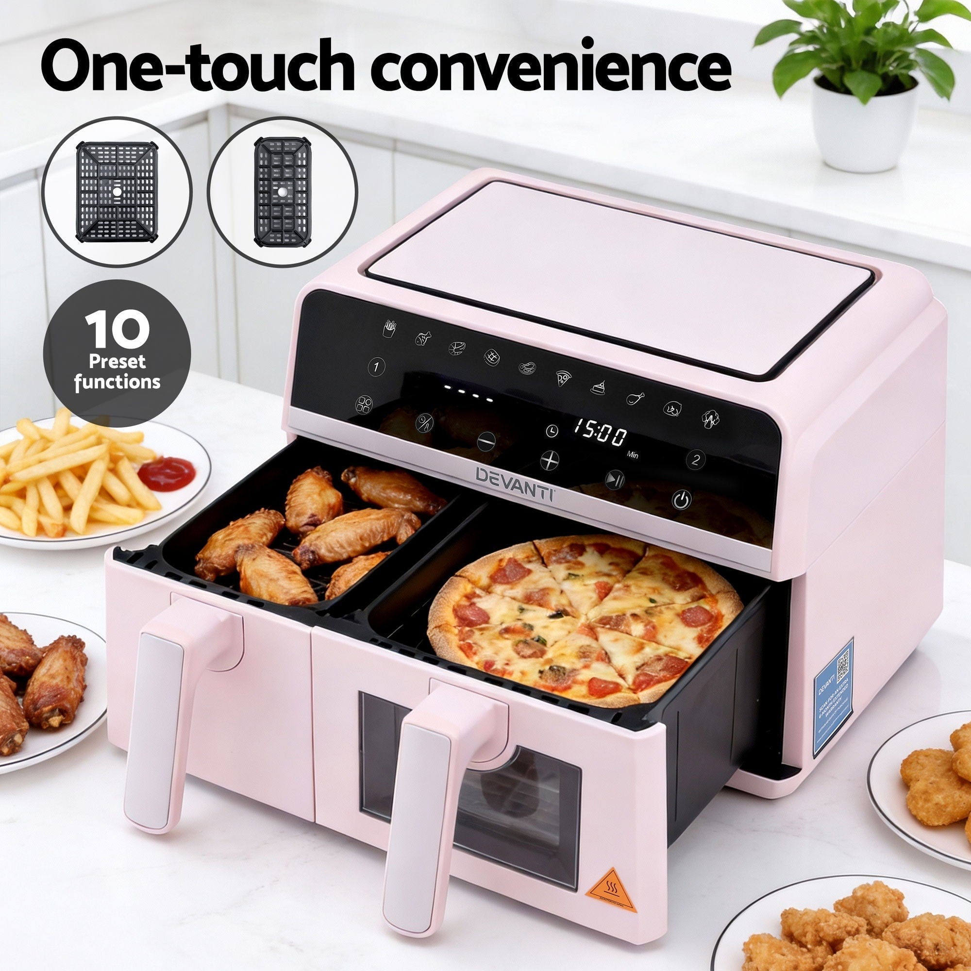 Devanti Air Fryer 9L Dual Zone Fryers 2600W Pink - Homecoze