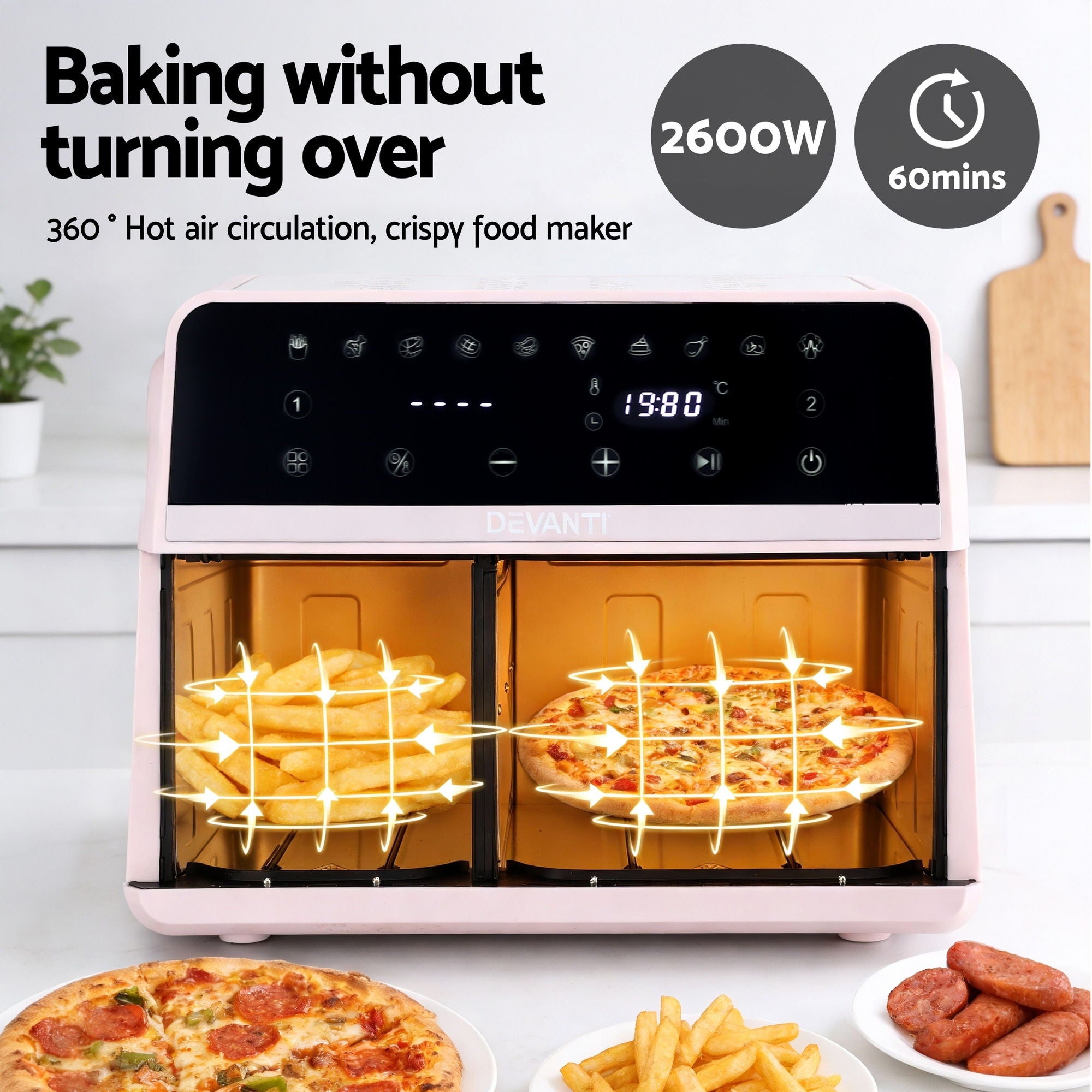 Devanti Air Fryer 9L Dual Zone Fryers 2600W Pink - Homecoze