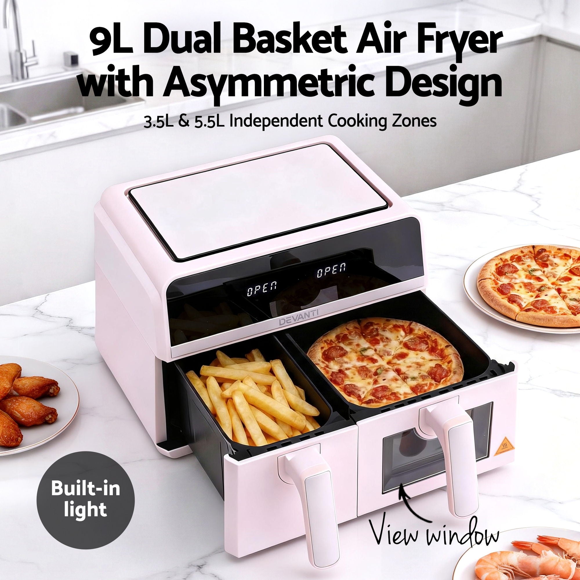 Devanti Air Fryer 9L Dual Zone Fryers 2600W Pink - Homecoze