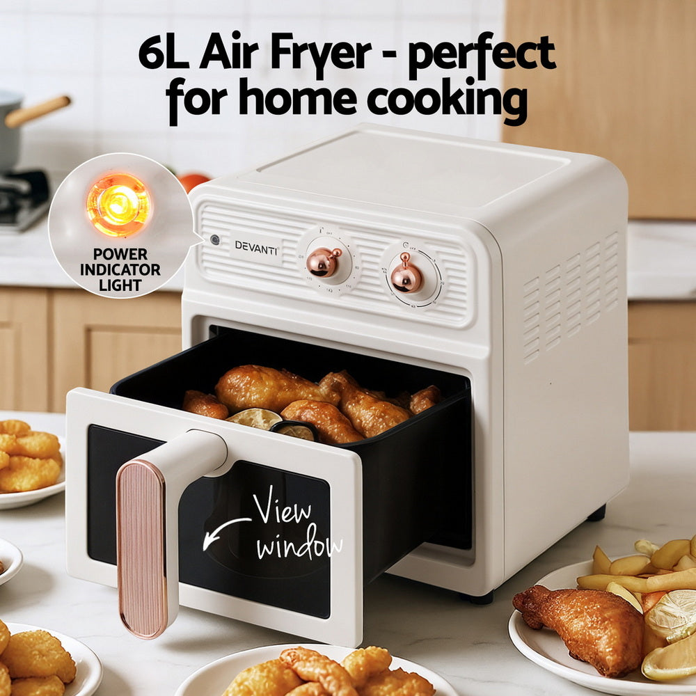 Devanti 6L Air Fryer Knob Control 1700W Cream - Homecoze