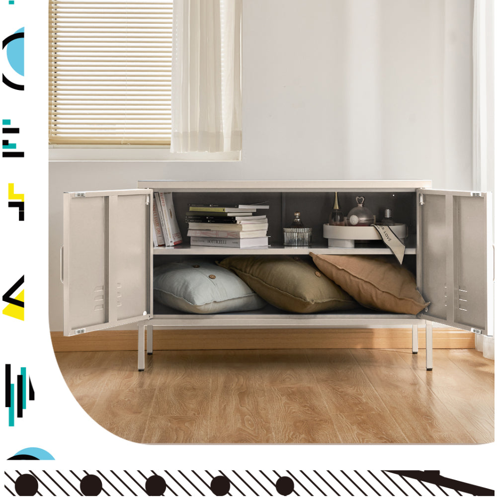 Metal Locker Low Sideboard Storage Cabinet - White - Homecoze