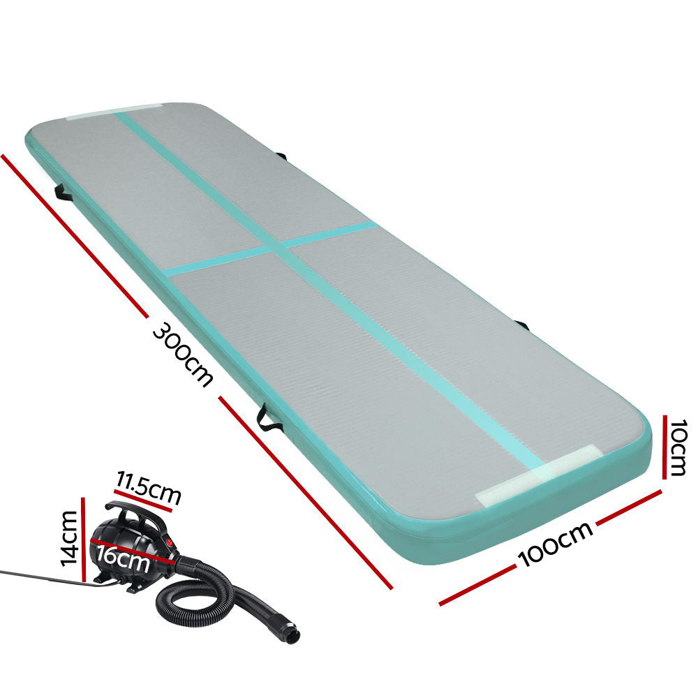 3M Air Track Gymnastics Tumbling Inflatable Exercise Mat 10cm Thick Green with Pump - Homecoze