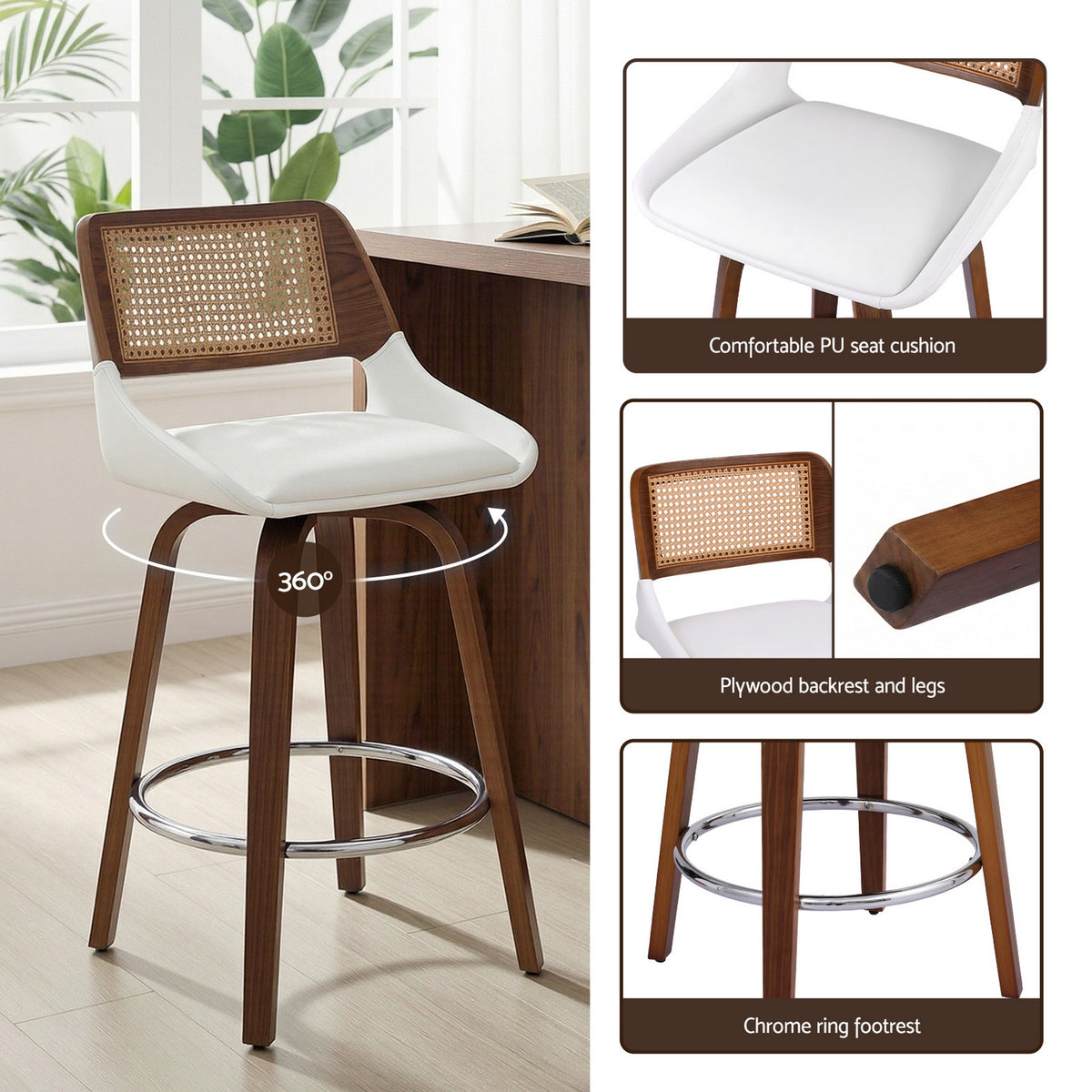 Eira (Set of 2) Rattan Back Bar Stools 60cm – White - Homecoze
