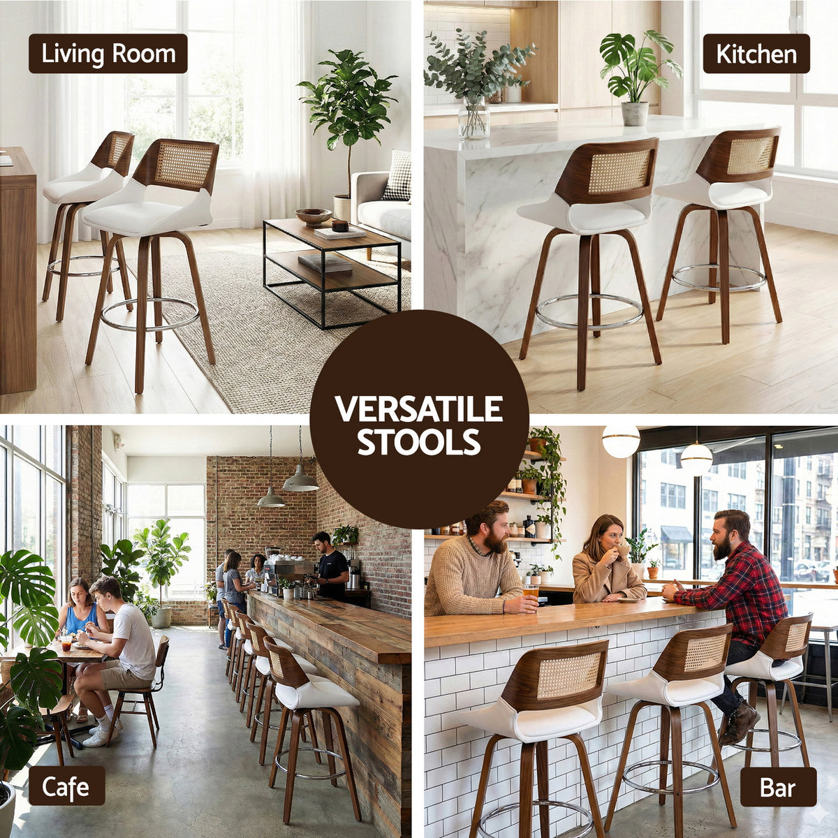 Eira (Set of 2) Rattan Back Bar Stools 60cm – White - Homecoze