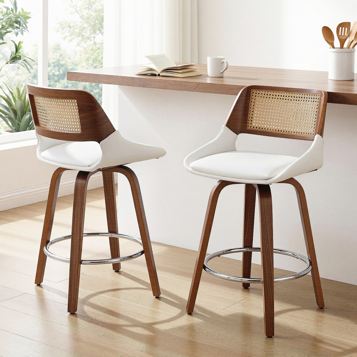 Eira (Set of 2) Rattan Back Bar Stools 60cm – White - Homecoze