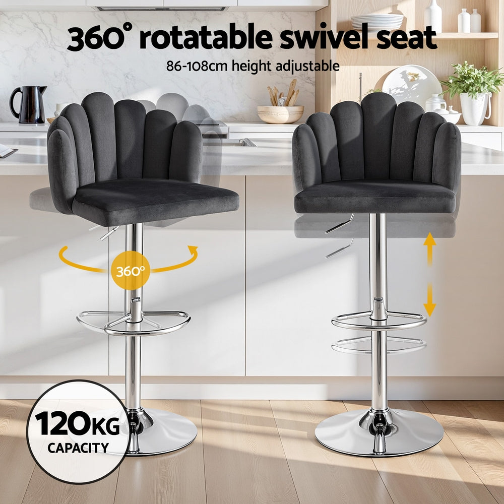 Artiss Bar Stool X2 Kitchen Dining Counter Gaslift Chair Adjustable Velvet Grey - Homecoze