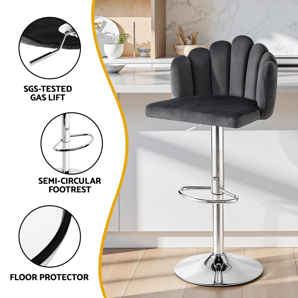 Artiss Bar Stool X2 Kitchen Dining Counter Gaslift Chair Adjustable Velvet Grey - Homecoze