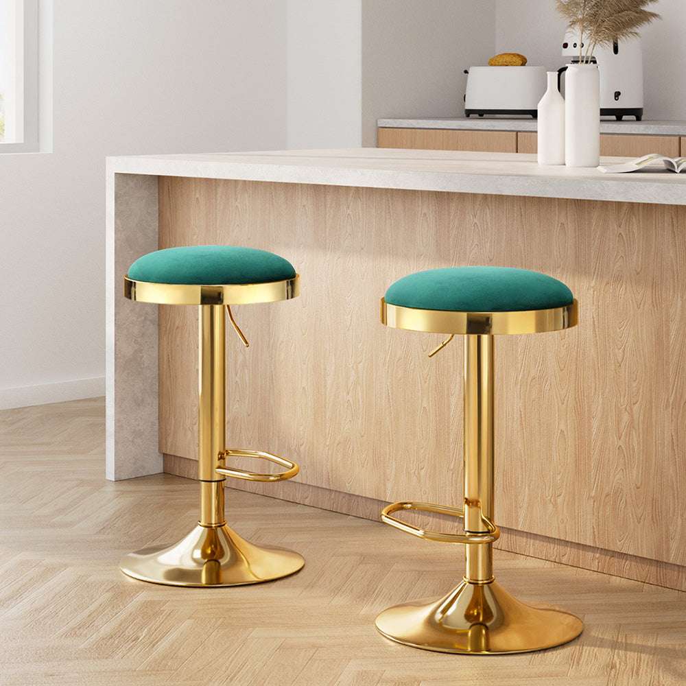 2x Artiss Bar Stools Kitchen Dining Chairs Velvet Padded Stool Green - Homecoze