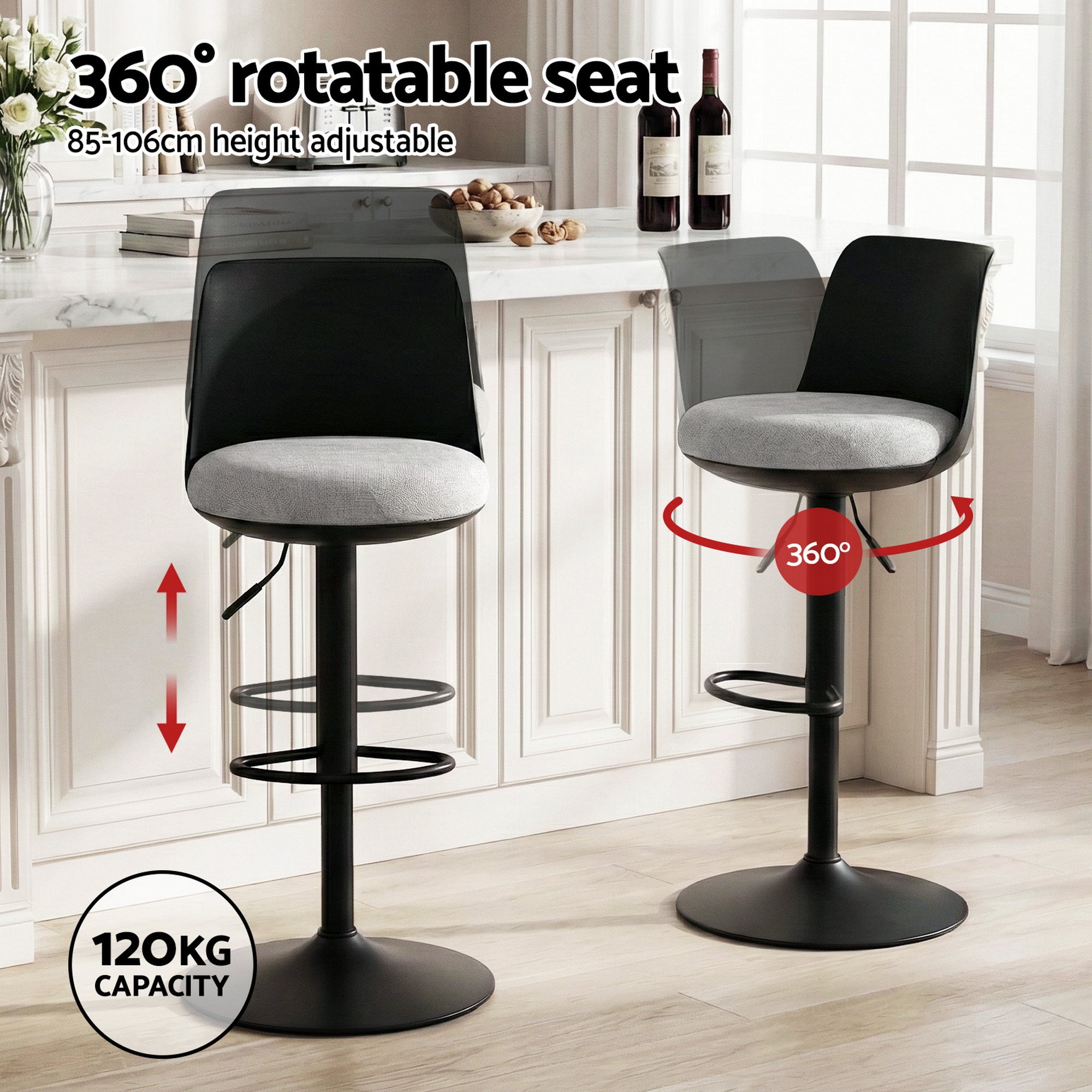 Artiss 2x Bar Stools Kitchen Swivel Gas Lift Counter Dining Chair Curved Black - Homecoze