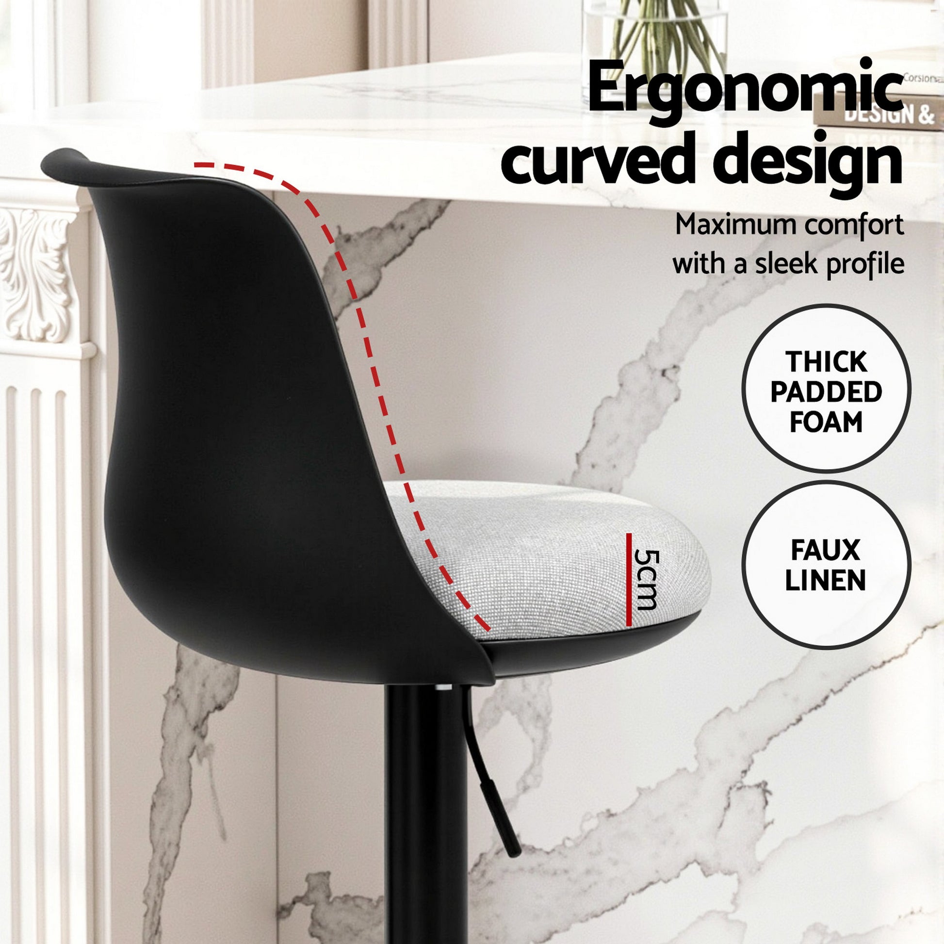 Artiss 2x Bar Stools Kitchen Swivel Gas Lift Counter Dining Chair Curved Black - Homecoze