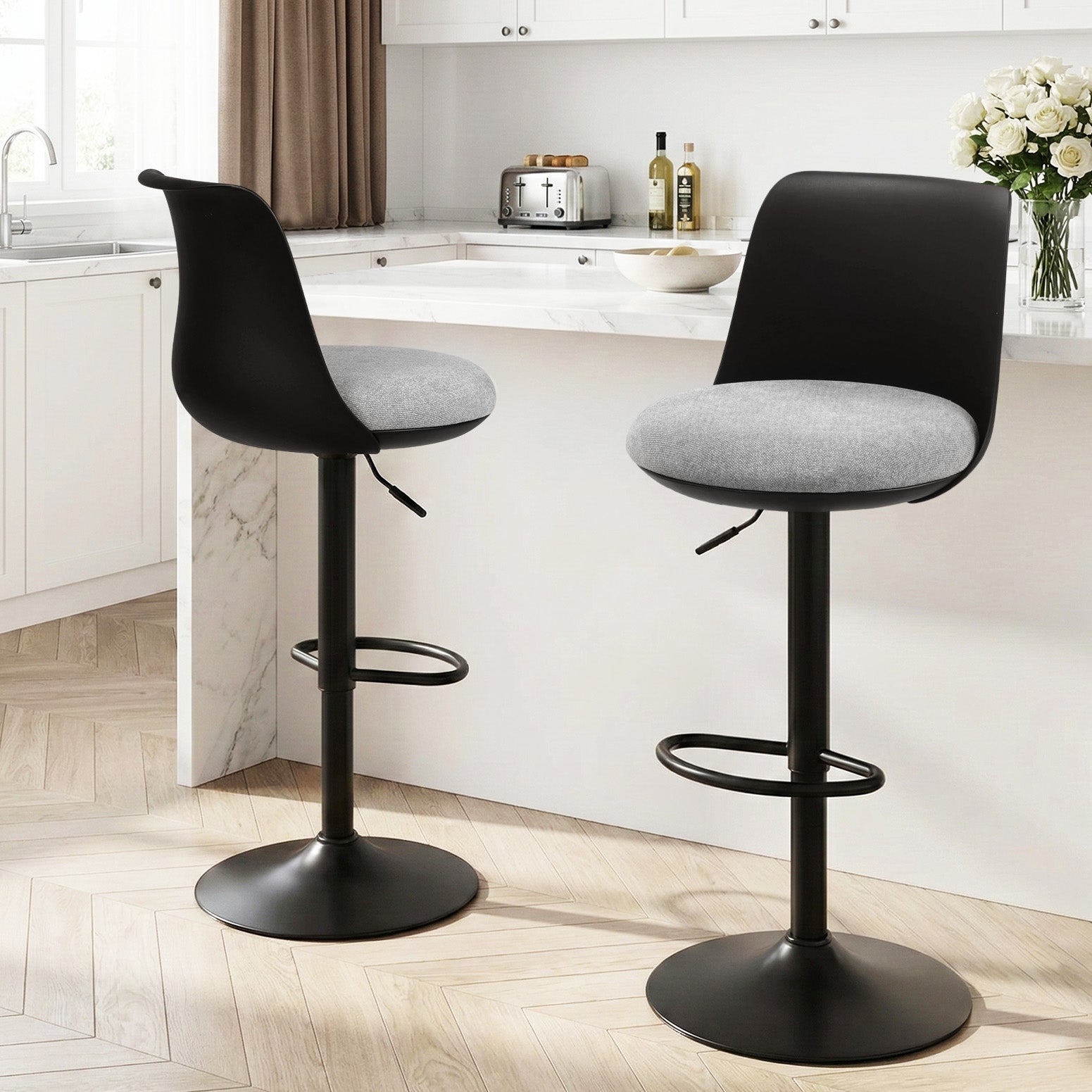 Artiss 2x Bar Stools Kitchen Swivel Gas Lift Counter Dining Chair Curved Black - Homecoze