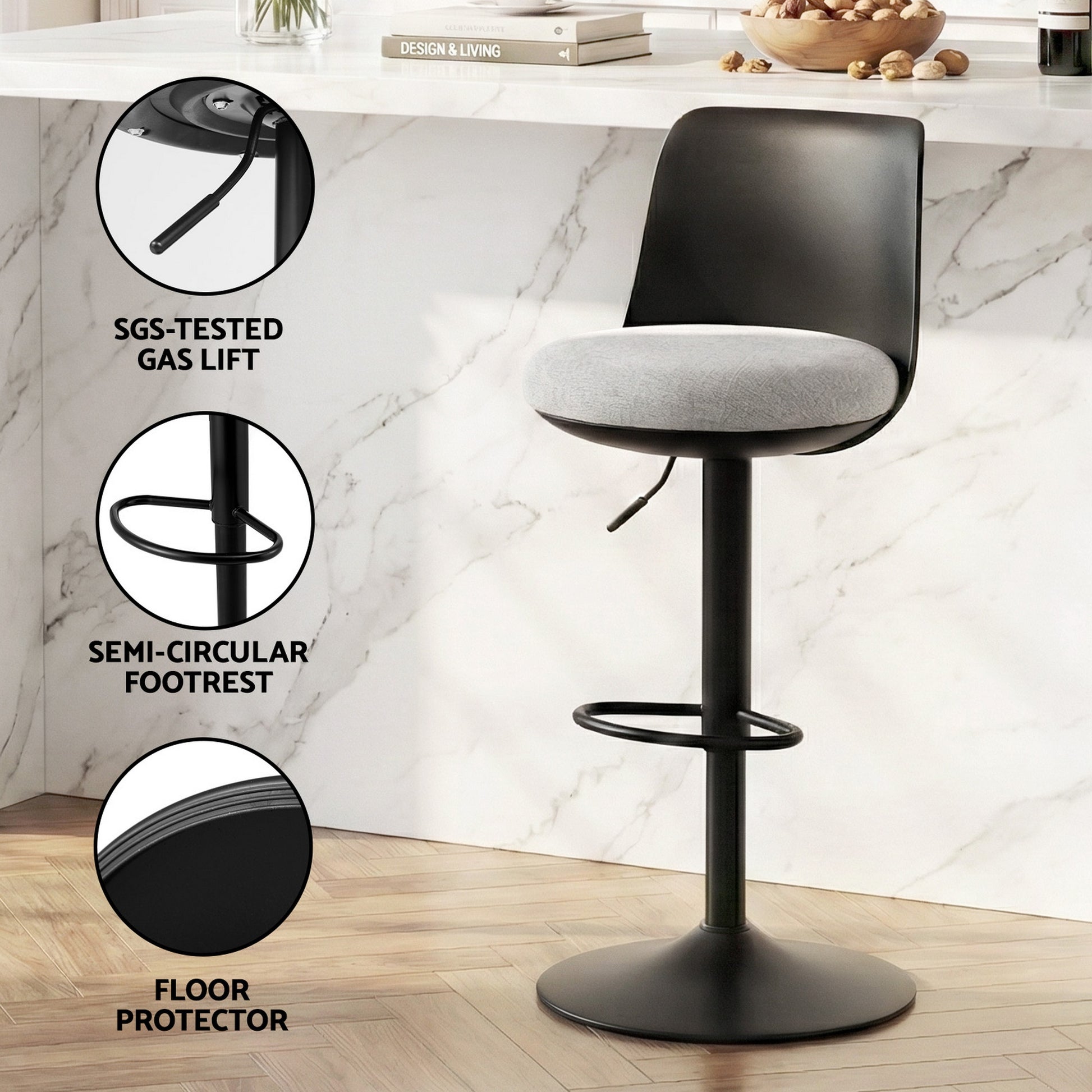 Artiss 4x Bar Stools Kitchen Swivel Gas Lift Counter Dining Chair Curved Black - Homecoze