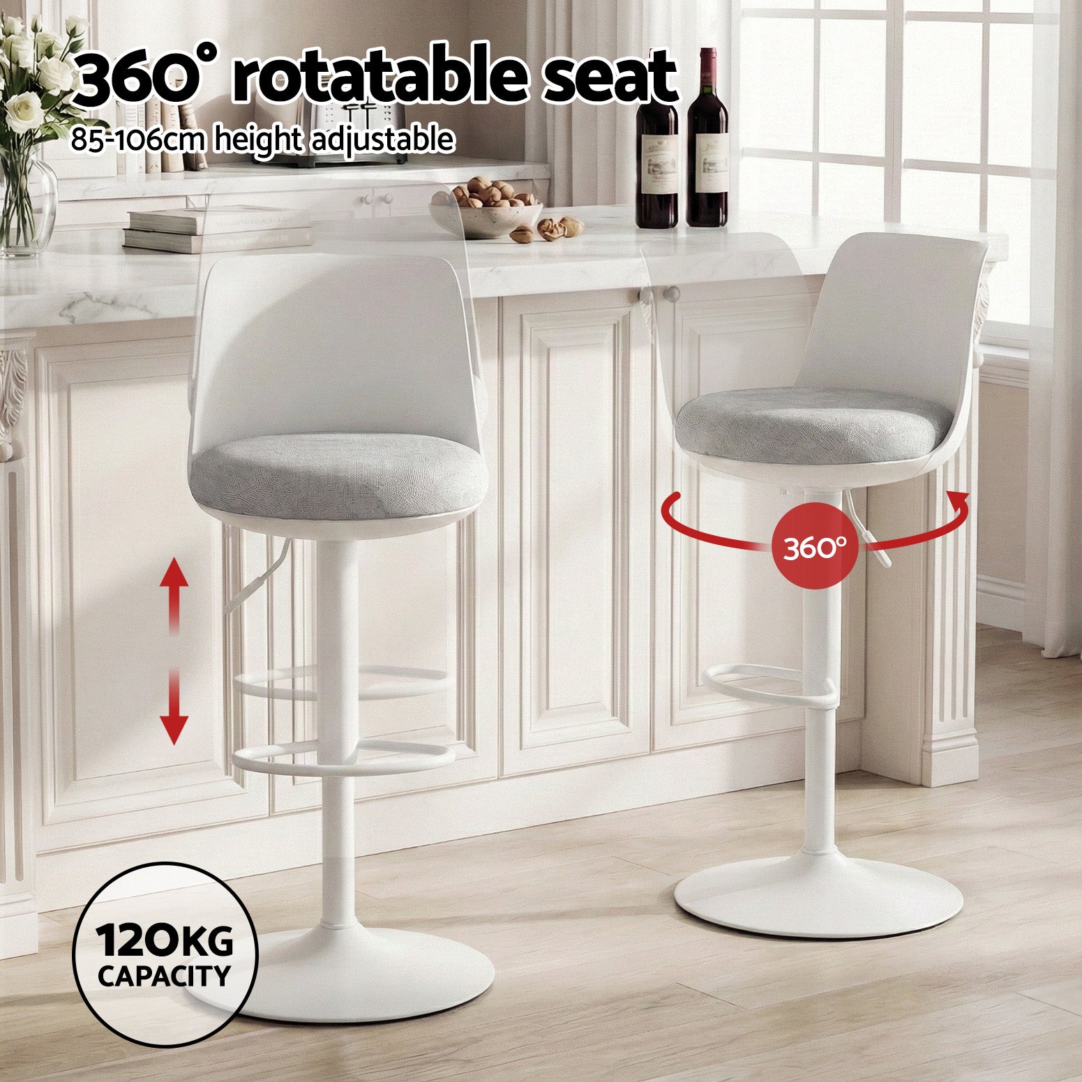 Artiss 2x Bar Stools Kitchen Swivel Gas Lift Counter Dining Chair Curved White - Homecoze