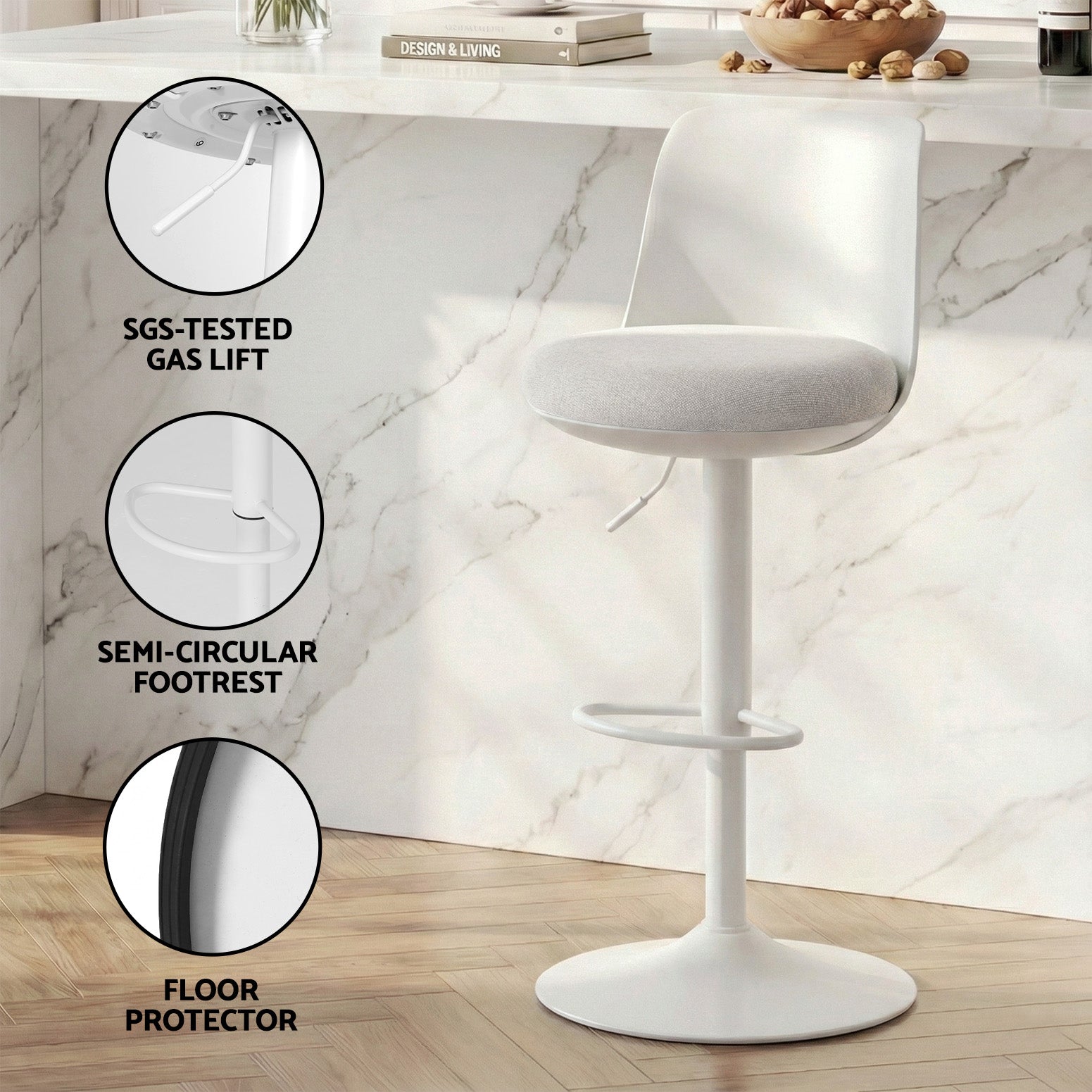 Artiss 2x Bar Stools Kitchen Swivel Gas Lift Counter Dining Chair Curved White - Homecoze
