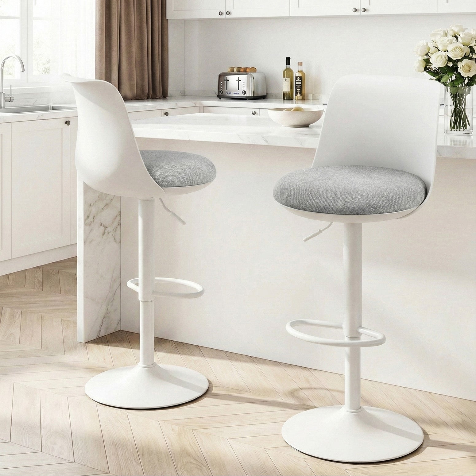 Artiss 2x Bar Stools Kitchen Swivel Gas Lift Counter Dining Chair Curved White - Homecoze
