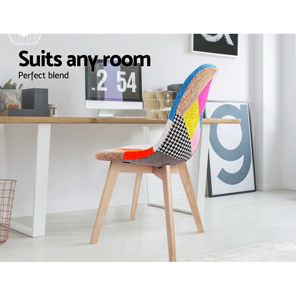 Set of 2 Retro Beech Fabric Dining Chair - Multi Colour - Homecoze
