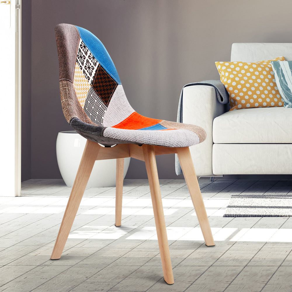Set of 2 Retro Beech Fabric Dining Chair - Multi Colour - Homecoze