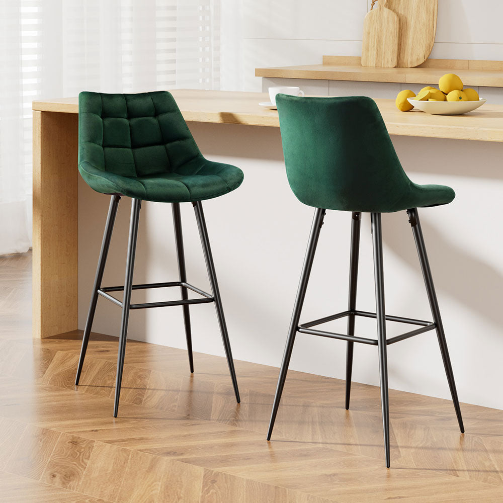Avery (Set of 2) Velvet Bar Stools 76cm - Green - Homecoze