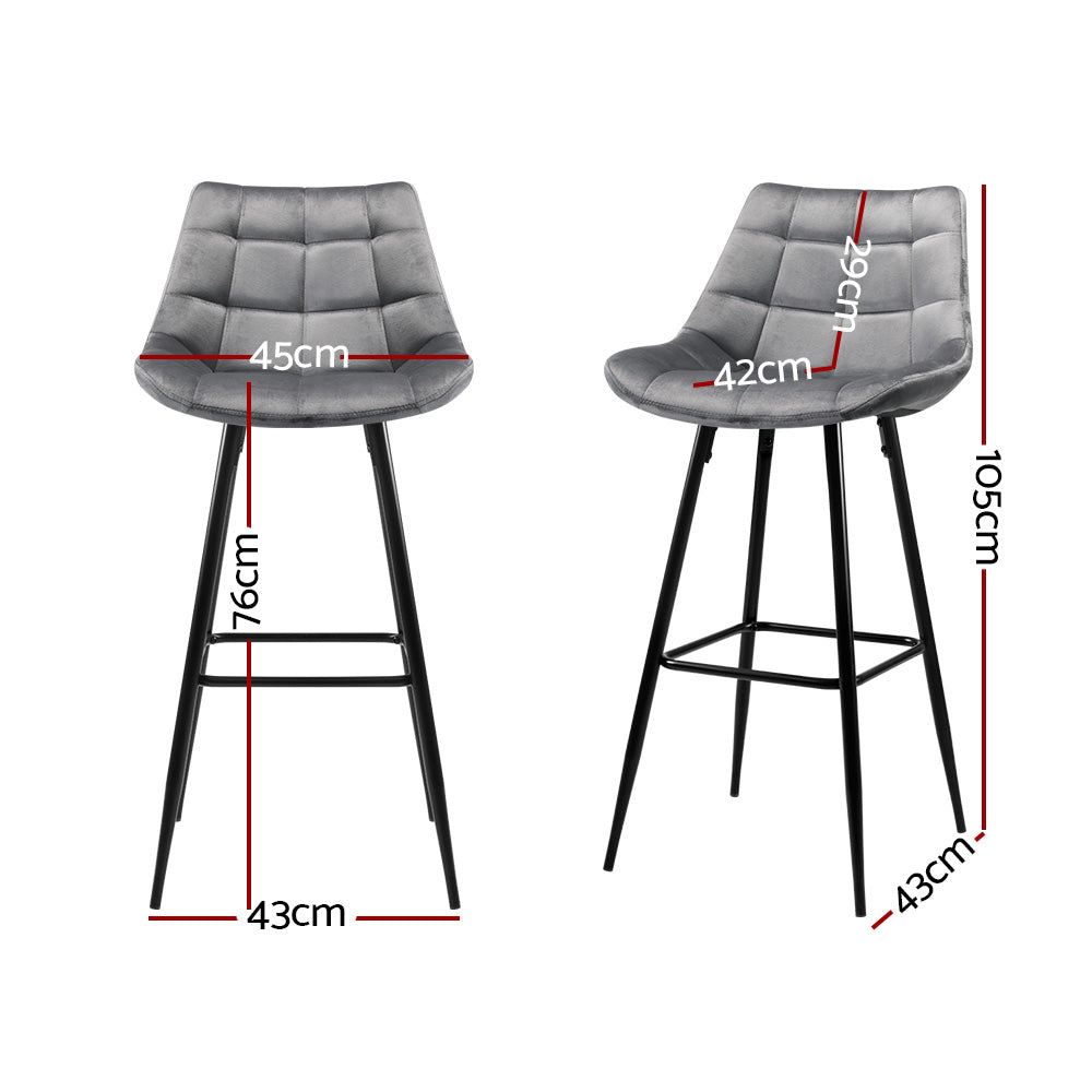 Avery (Set of 2) Velvet Bar Stools 76cm - Grey - Homecoze