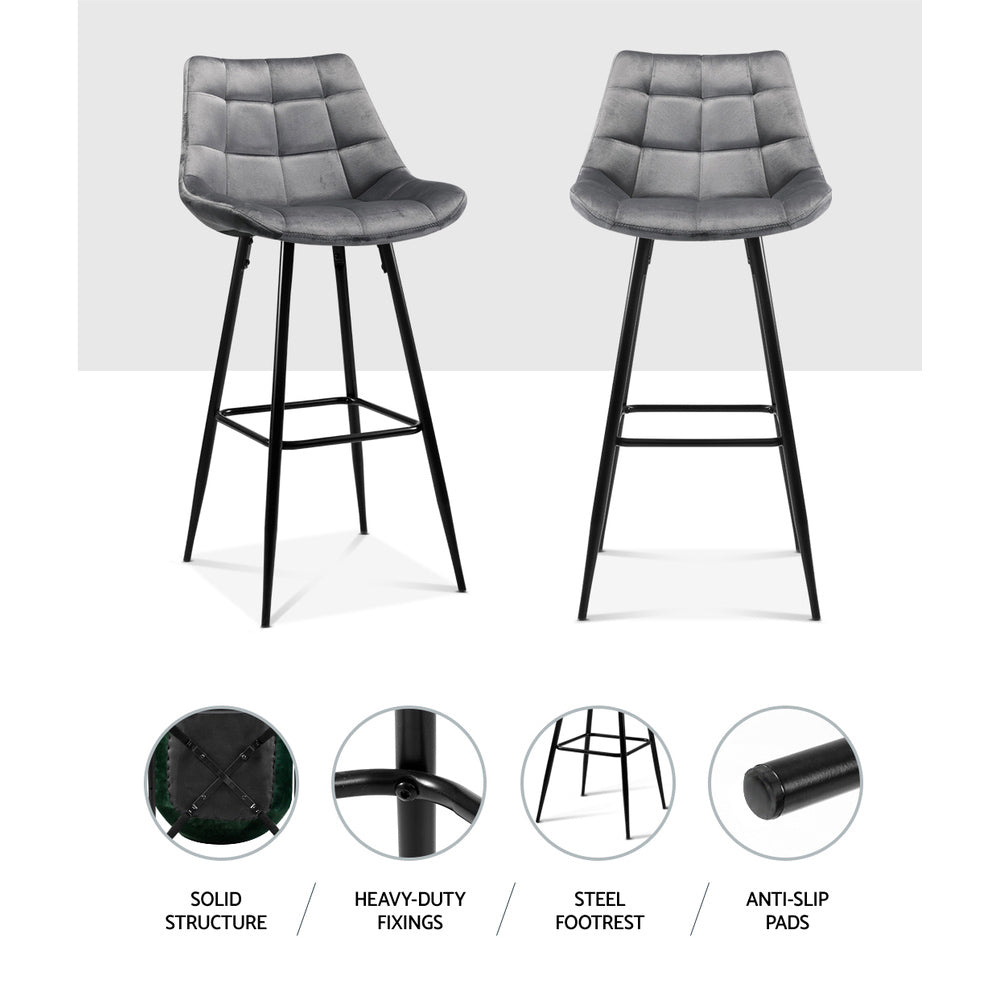 Avery (Set of 2) Velvet Bar Stools 76cm - Grey - Homecoze