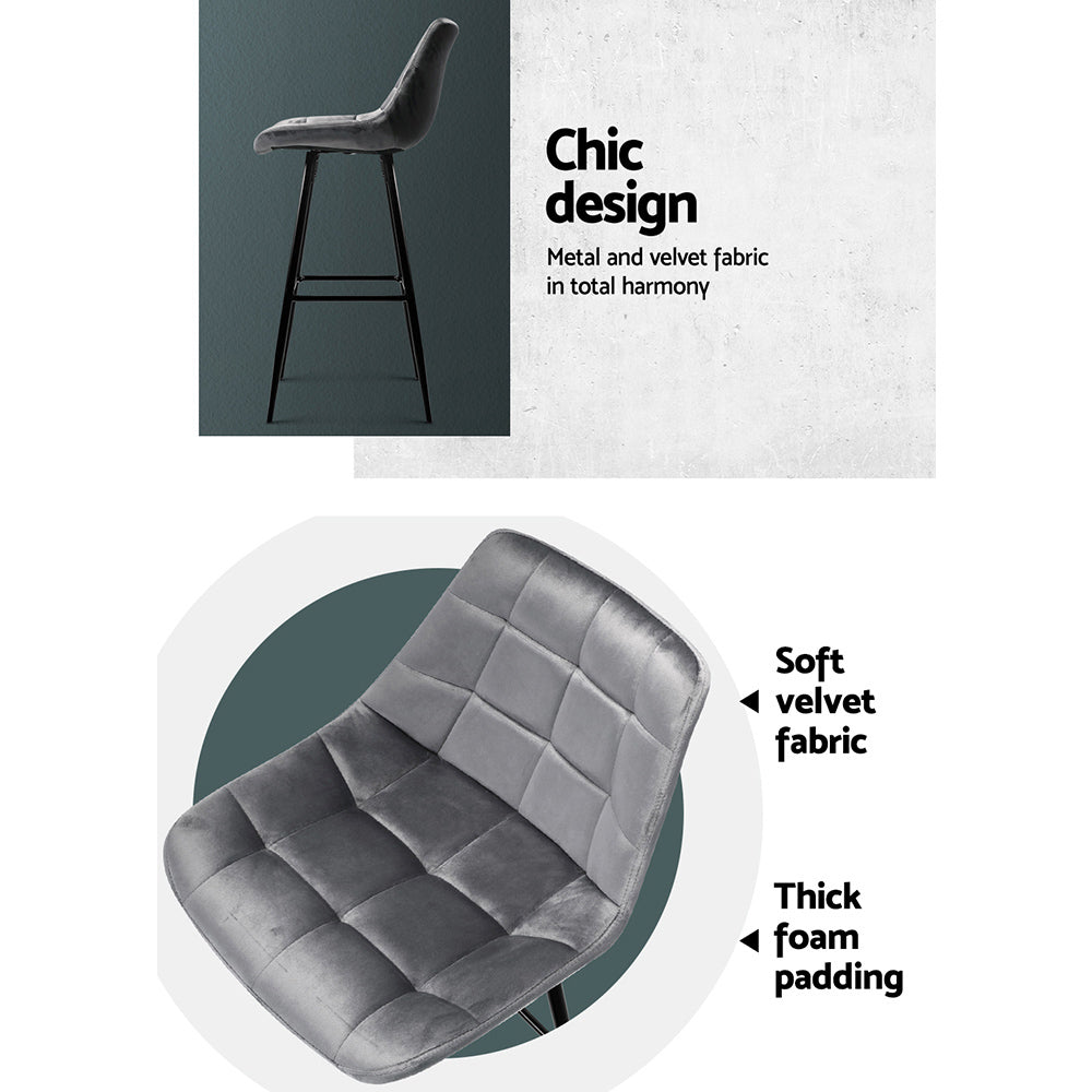 Avery (Set of 2) Velvet Bar Stools 76cm - Grey - Homecoze