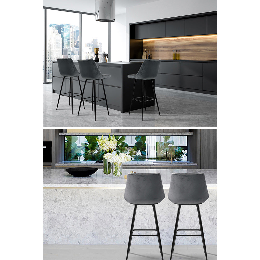 Avery (Set of 2) Velvet Bar Stools 76cm - Grey - Homecoze