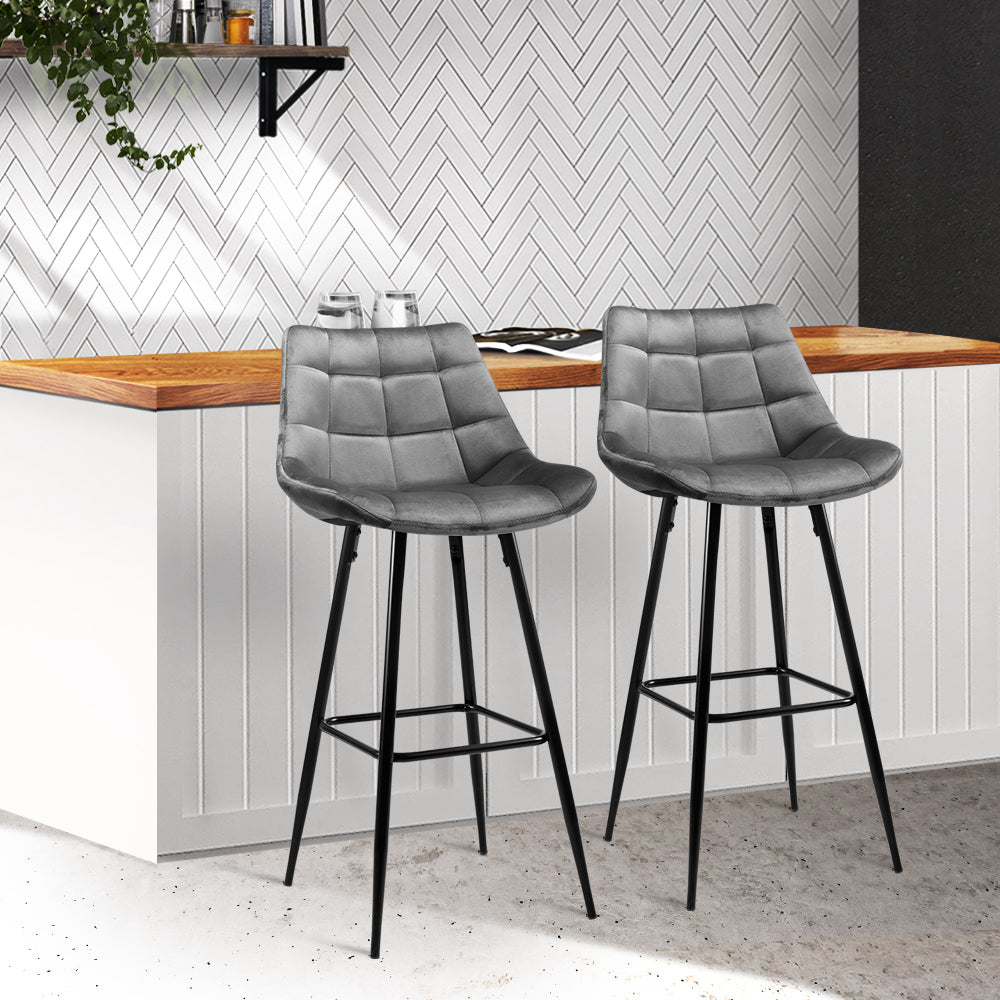 Avery (Set of 2) Velvet Bar Stools 76cm - Grey - Homecoze