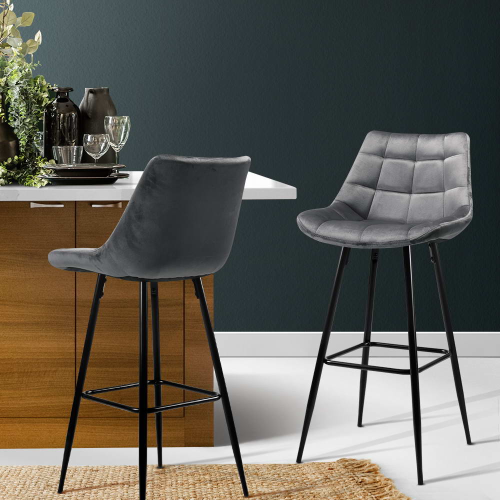 Avery (Set of 2) Velvet Bar Stools 76cm - Grey - Homecoze