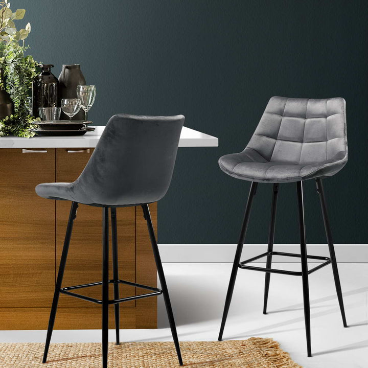 Avery (Set of 2) Velvet Bar Stools 76cm - Grey - Homecoze