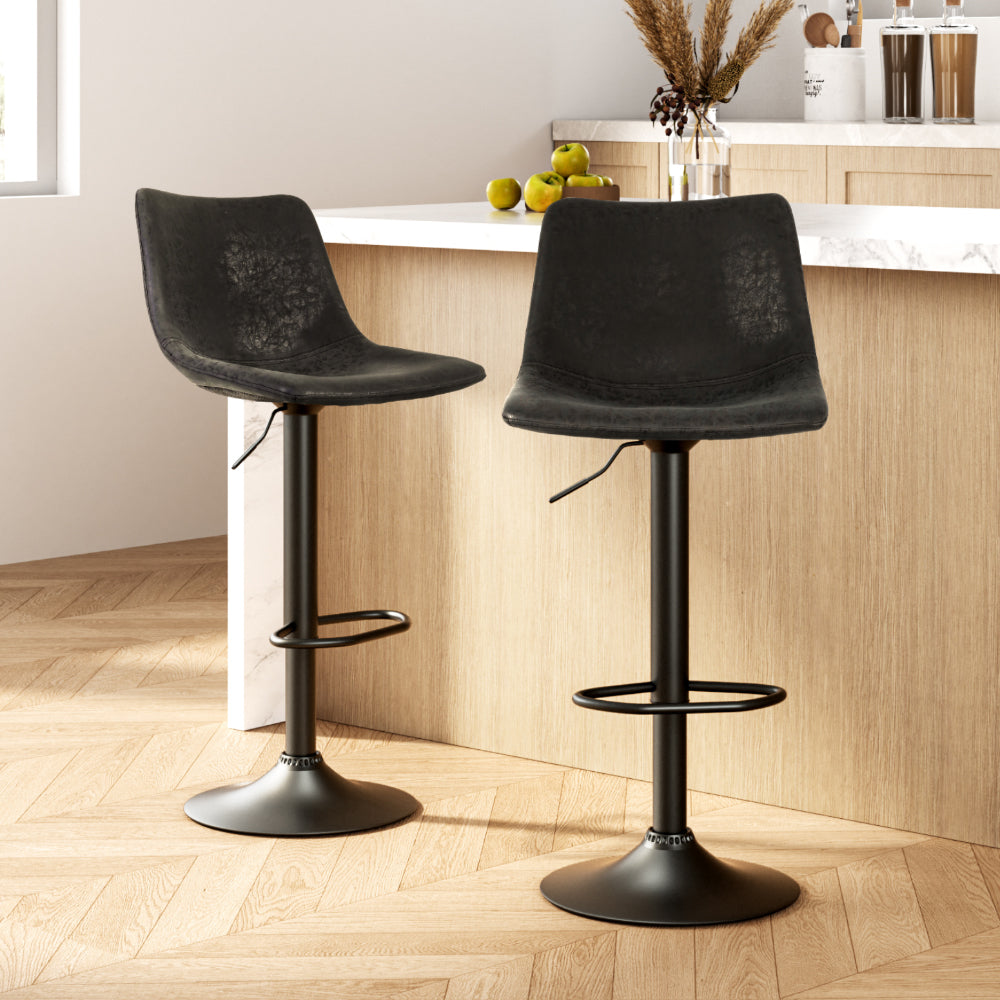 Quentin (Set of 2) Vintage PU Leather Bar Stools - Black - Homecoze