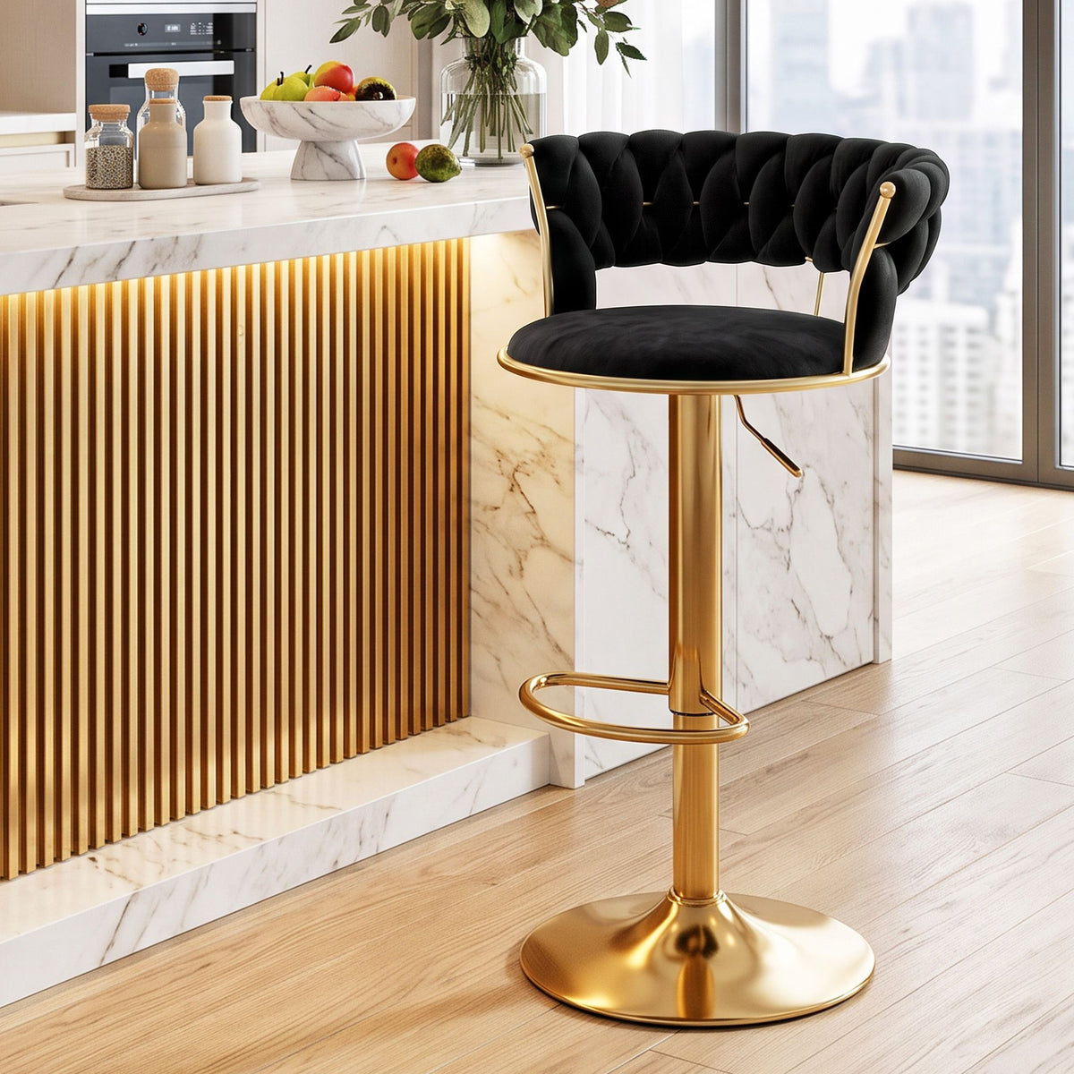 Elias (Single) Velvet Bar Stool - Black & Gold