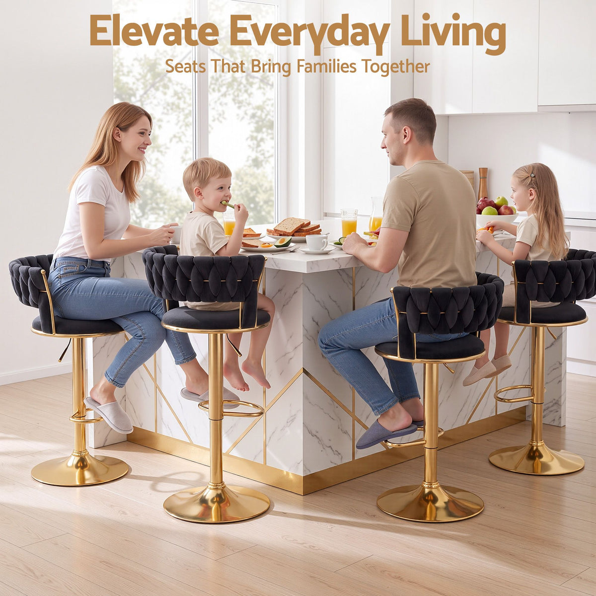 Elias (Single) Velvet Bar Stool - Black & Gold