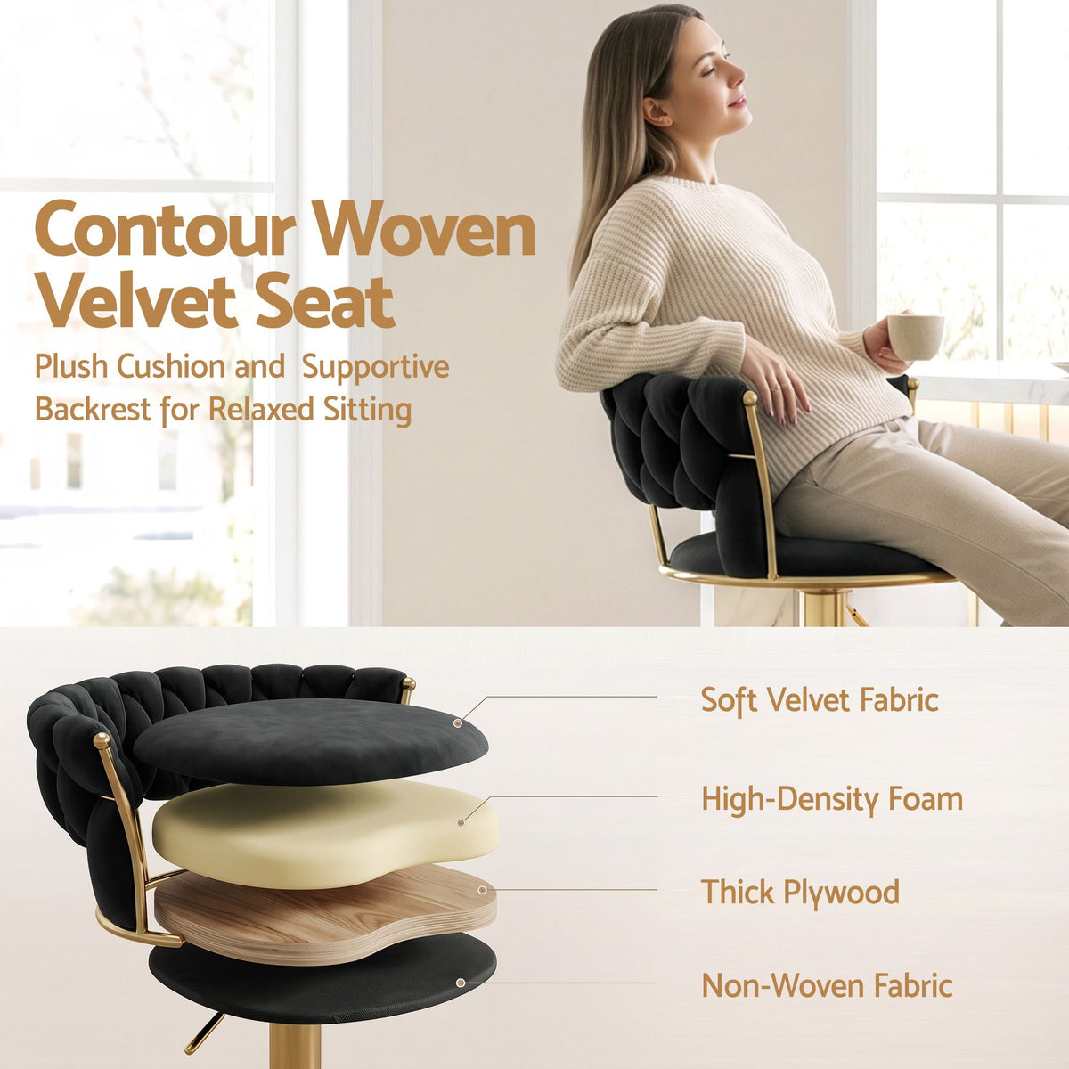 Elias (Set of 2) Velvet Bar Stools - Black & Gold