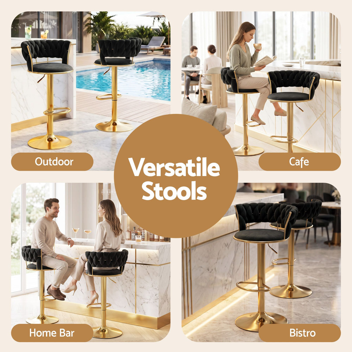 Elias (Set of 2) Velvet Bar Stools - Black & Gold