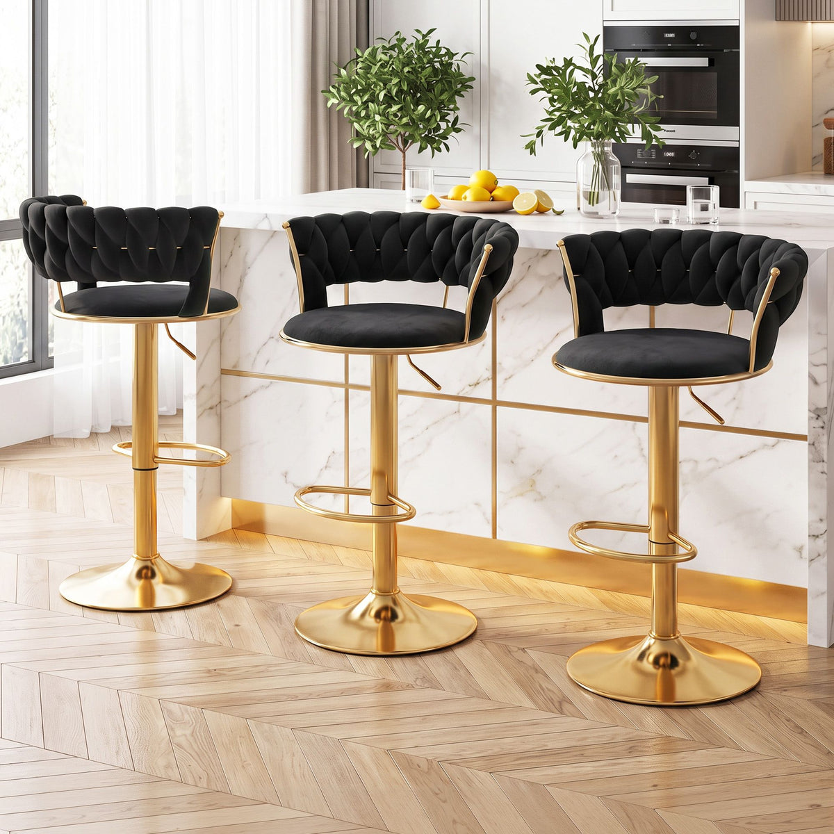 Elias (Set of 3) Velvet Bar Stools - Black & Gold