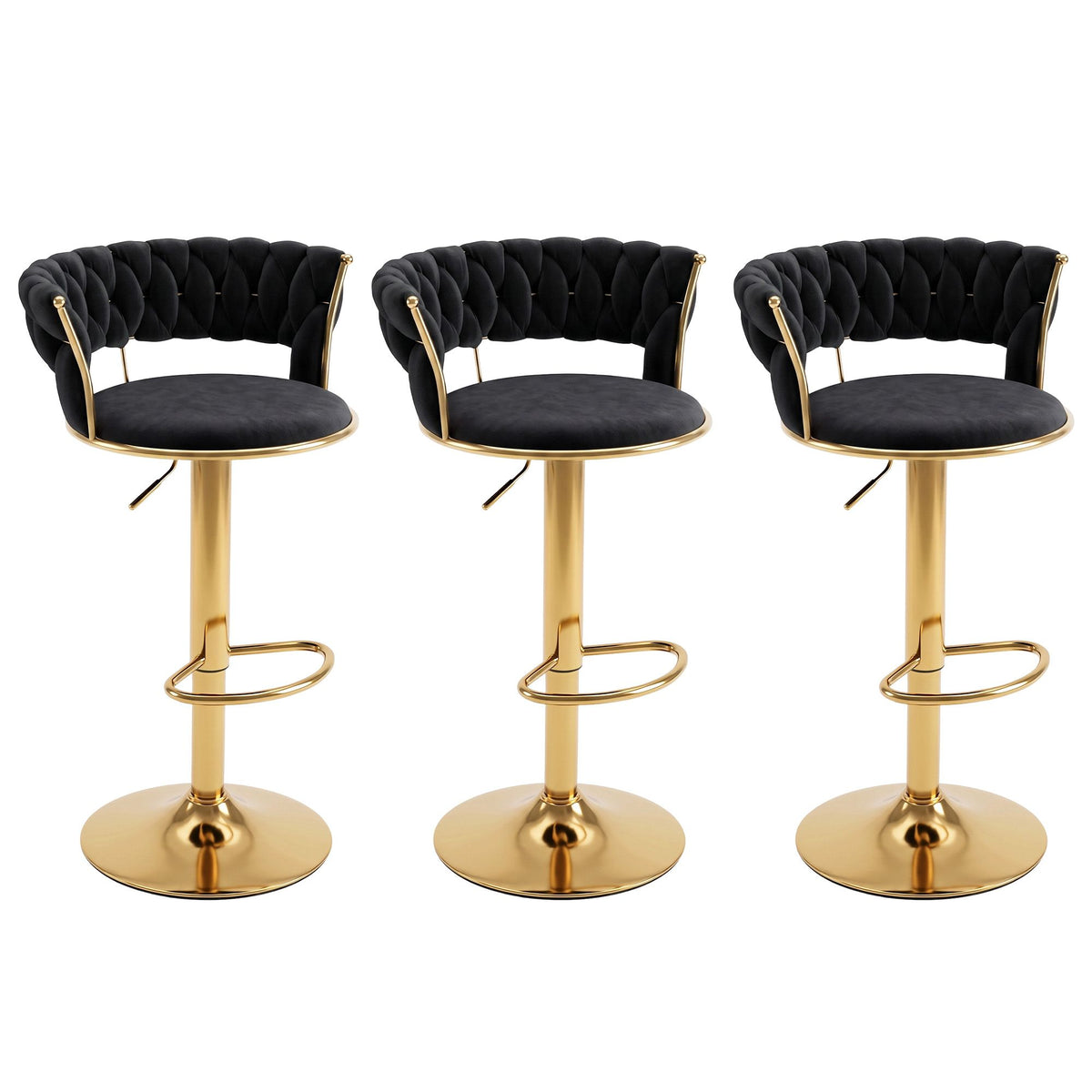 Elias (Set of 3) Velvet Bar Stools - Black & Gold