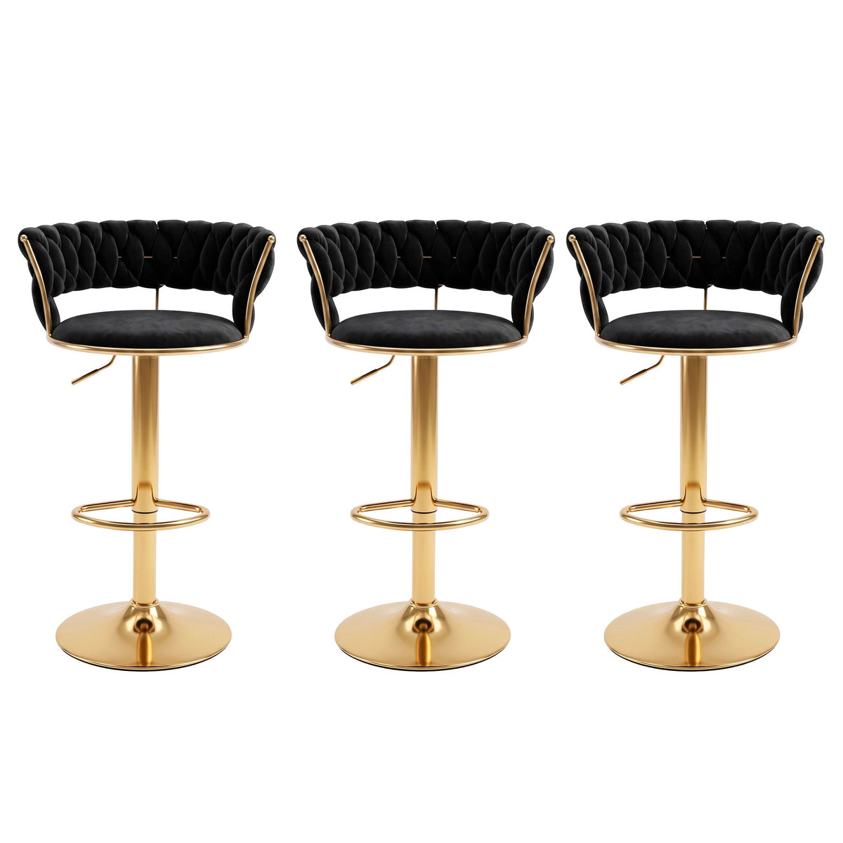 Elias (Set of 3) Velvet Bar Stools - Black & Gold