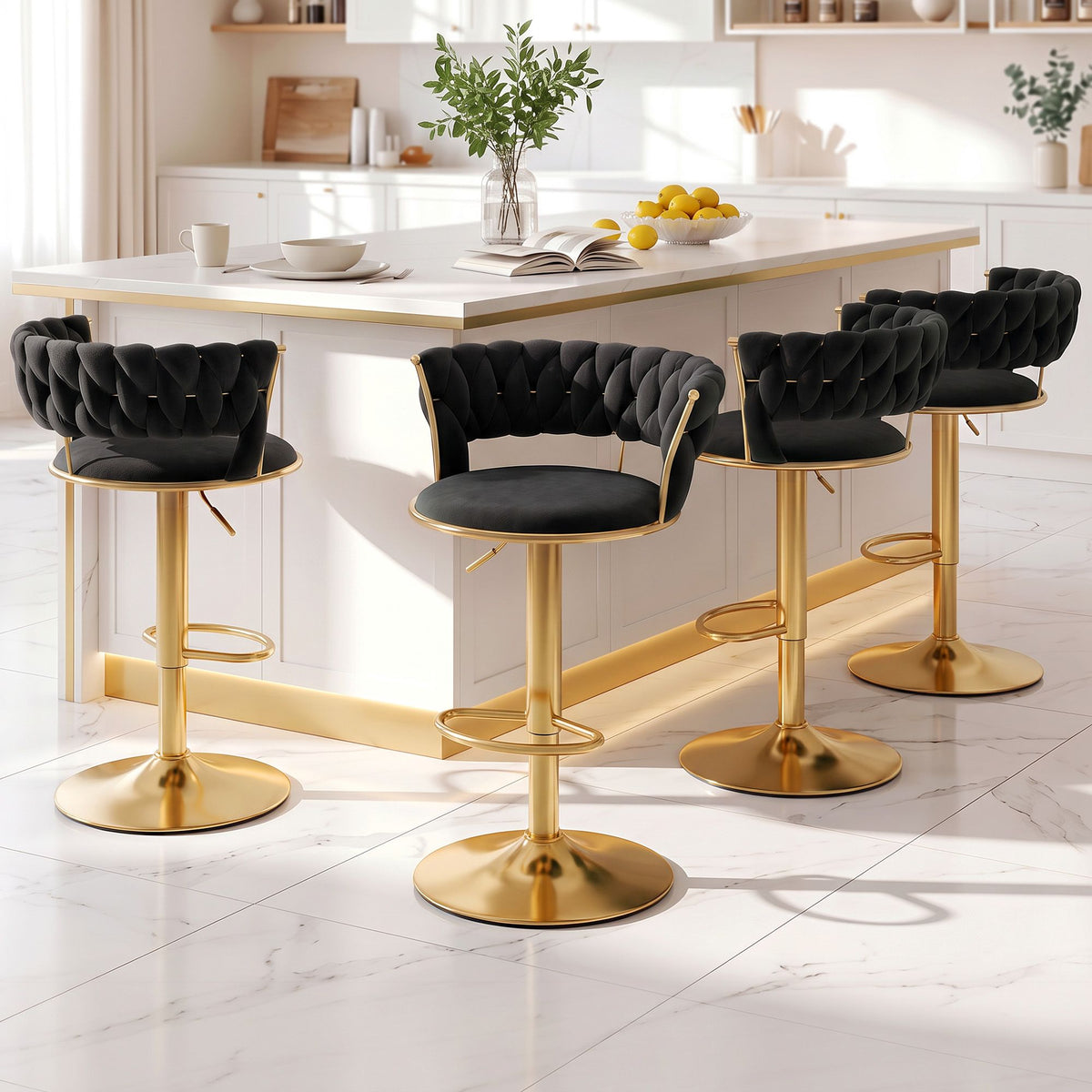 Elias (Set of 4) Velvet Bar Stools - Black & Gold