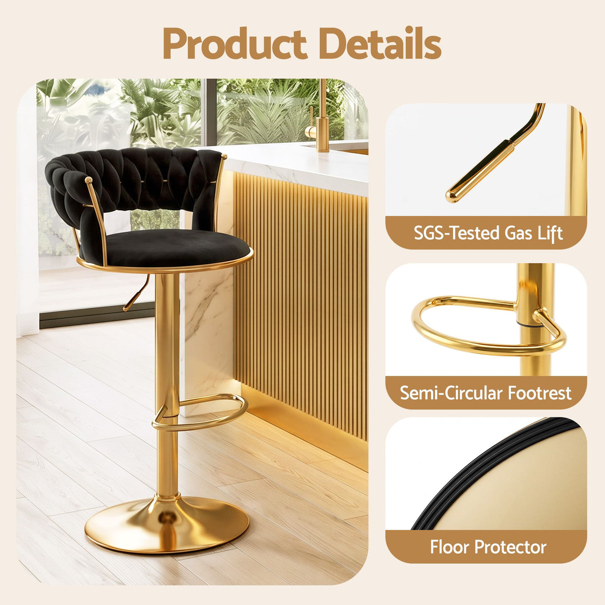 Elias (Set of 4) Velvet Bar Stools - Black & Gold