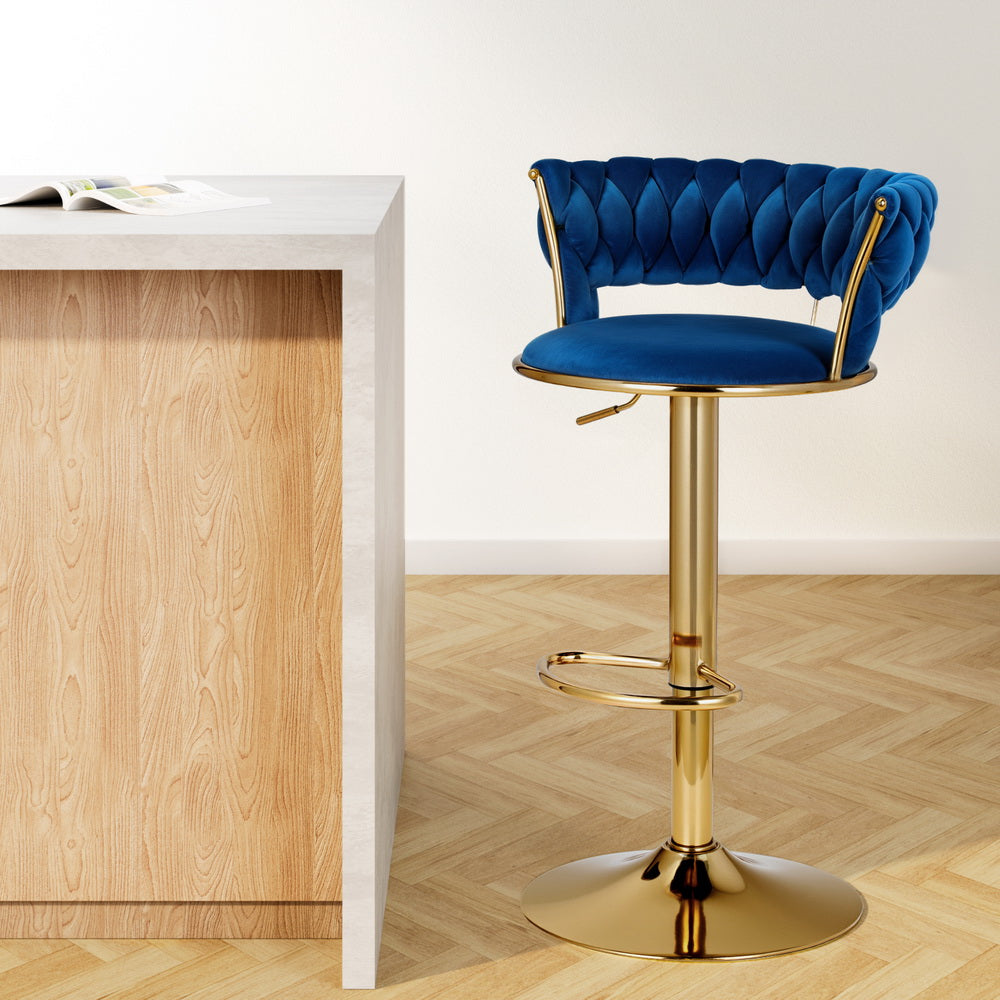 Elias (Single) Woven Velvet Bar Stool - Blue - Homecoze