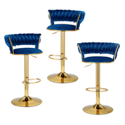 Elias (Set of 3) Woven Velvet Bar Stools - Blue - Homecoze
