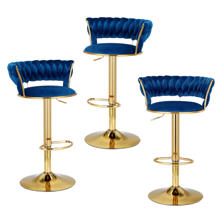 Elias (Set of 3) Woven Velvet Bar Stools - Blue